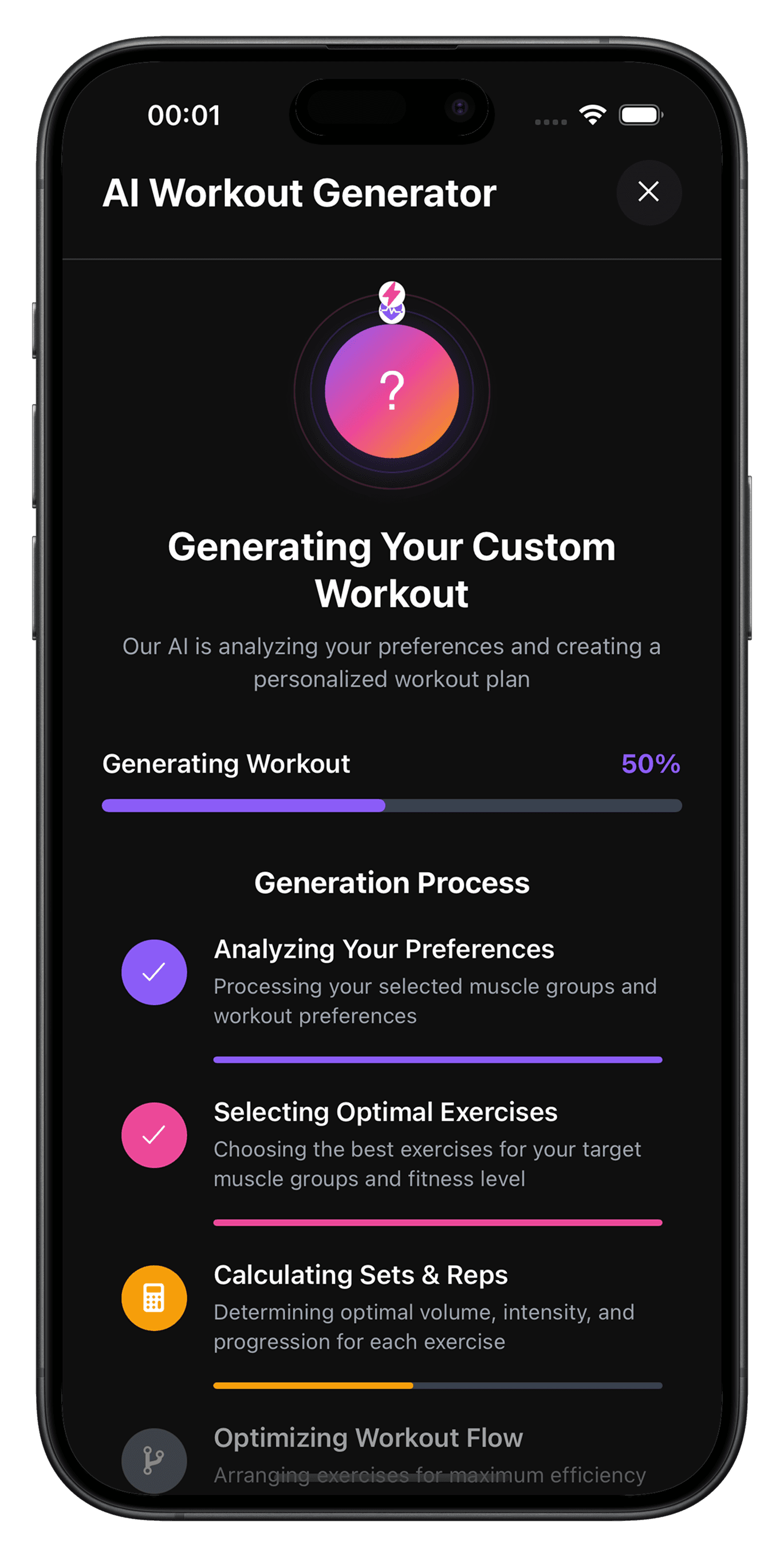 RepEight AI workout generation screen with personalised recommendations