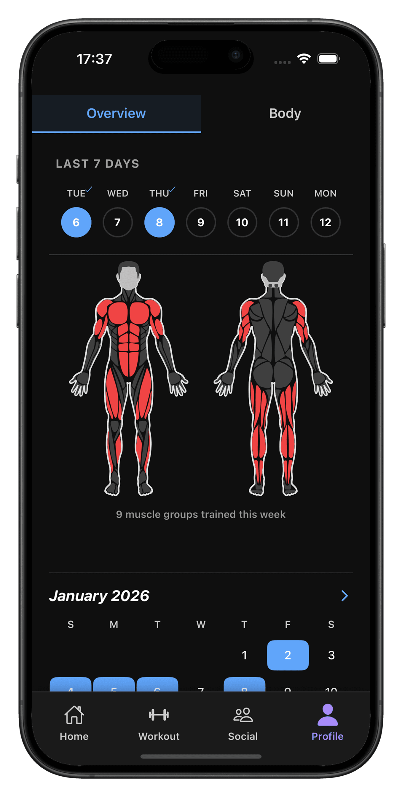 RepEight body heatmap showing recently trained muscle groups