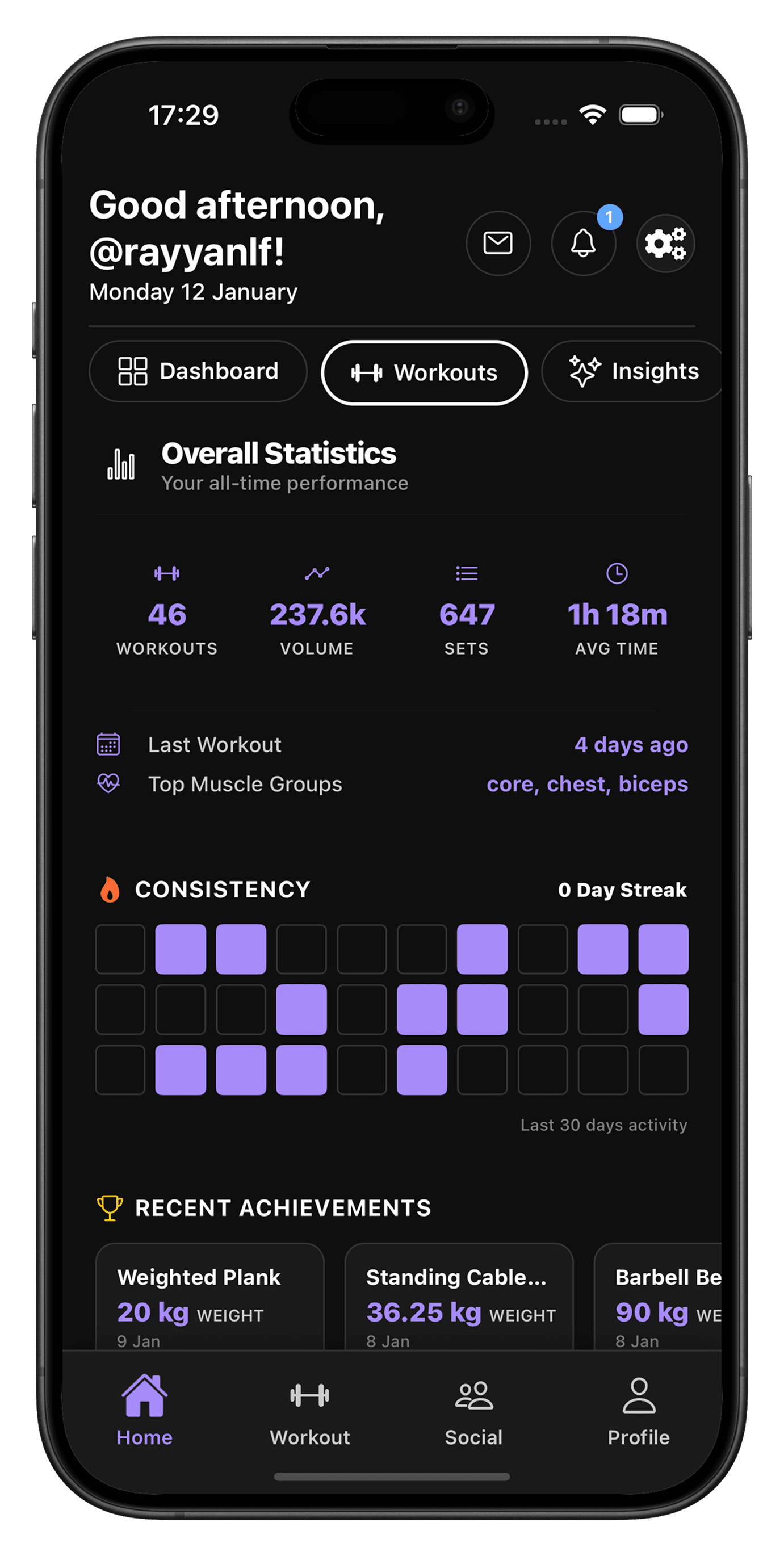 RepEight home dashboard with workout stats and consistency