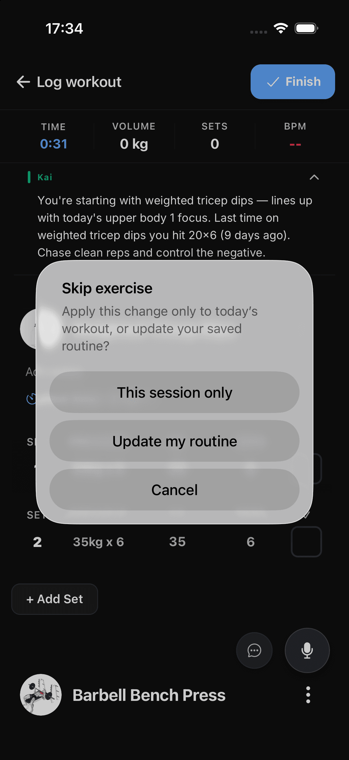 Skip or replace an exercise for this session only