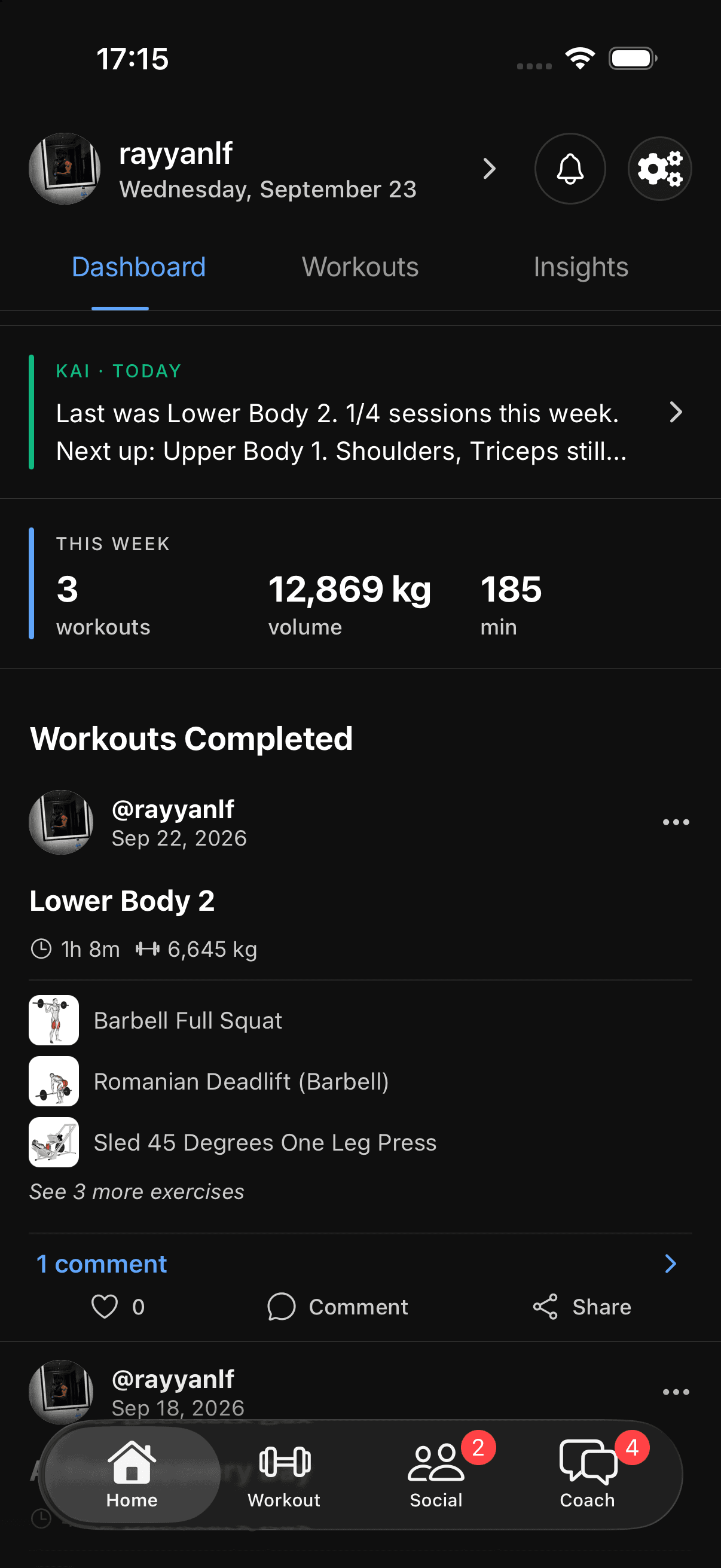 RepEight home screen with workout stats